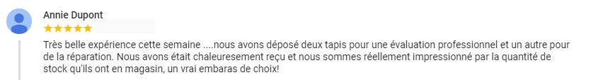 Témoignage cinq étoiles reçu d'un client heureux après avoir obtenu un service d'évaluation et un service de réparation de tapis chez nous.